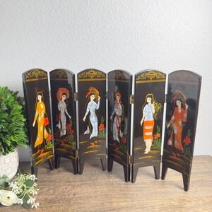Vintage Asian Folding Screen Black Lacquer Chinoiserie Tabletop Decor MCM Dragon